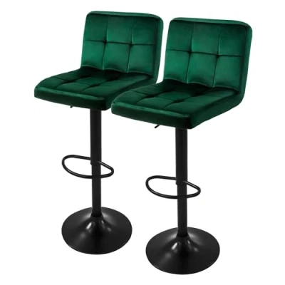 Image de ML Design Lot de 2 Tabourets Bar en Velours, Vert, Chaise Rembourrée avec Dossier et Repose Pieds, Réglable Hauteur 63 83cm, Pivotante à 360, Tabouret Comptoir, Cuisine, Pub, Maison
