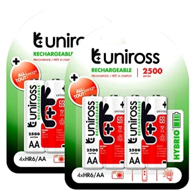 Image de Uniross piles rechargeables Hybrio Stilo AA / HR6 Ni MH 1,2 V 2350 mAh 2 ampoules de 4
