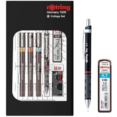 Image de rOtring Isograph Fineliner Pen &amp; Pencil College Set S0699390 3 Stylos techniques (0,20 mm, 0,40 0,60 mm) et porte mine (0,5 Accessoires Ensemble avec crayon 0,7 mm recharges