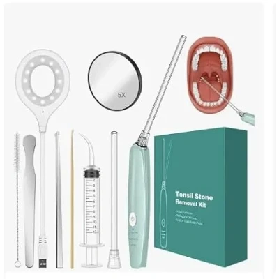 Image de MiBrush Kit électrique de retrait des caséums amygdaliens Pipette d&#039;aspiration, seringue d&#039;irrigation, miroir grossissant 5x et abaisse langue Élimine rapidement les