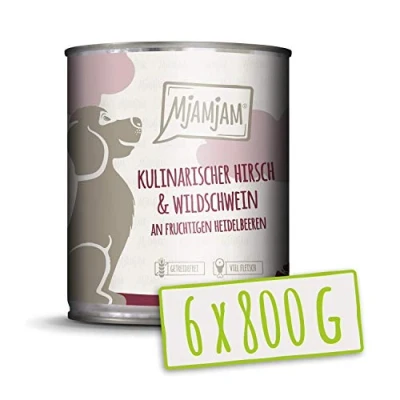 Image de MjAMjAM Mangime Umido per Cani, Cervo e Cinghiale Culinari Accompagnati da Mirtilli Fruttati, Genuino, Pacco 6 x 800 g