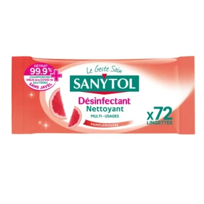 Image de Sanytol Lingettes Désinfectantes Multi Usages Pamplemousse et Citronnelle x72 Bactéricide, Virucide, Fongicide Sans Javel, Fabrication Française, 100% Fibres d’Origine Végétale