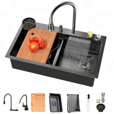 Image de TULAZOU Évier de cuisine cascade, évier en acier inoxydable 304, gris foncé, multifonction avec robinet extractible et autres accessoires（80x45cm）