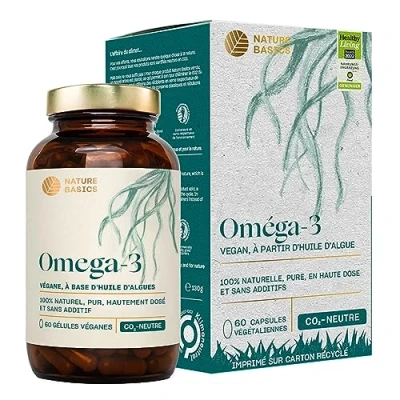 Image de Nature Basics® Huile d&#039;algues Oméga 3 végétalienne 60 gélules hautement dosées en bocal purement non transformée certifiée durable &amp; neutre CO2 Par gélule 455mg avec 30% DHA 15% EPA
