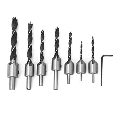 Image de Foret à chanfreiner Set 5 Flûte Forage pour le bois tête fraisée Vis profondeur réglable Mèche chanfrein avec clé hexagonale
