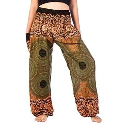 Image de Lofbaz Boho Pantalons Femmes Taille Smockée Rose Harem Pants Vert Size M