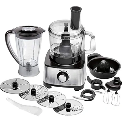 Image de ProfiCook PC KM 1063 Robot de cuisine compact avec boîtier en acier inoxydable, couper, pétrir, mixer, presse agrumes, 1.2L, ouverture remplissage, fonction turbo et 11 accessoires, 1200W
