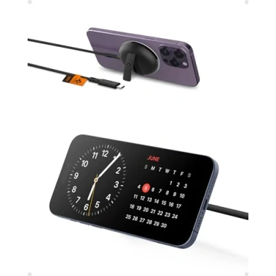 Image de Spigen ArcField MFM MagFit Chargeur sans Fil 15W avec Béquille pour iPhone 14 Plus Pro Max 13 12 Câble USB C 2m [Adaptateur Non Inclus] (Noir)
