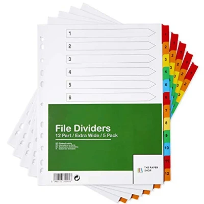 Image de [Lot de 5] Intercalaires Classeur A4+ extra larges 12 Positions large A4 numérotés multiperforés onglets couleur renforcés 150 g/m²
