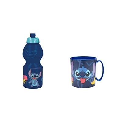Image de ALMACENESADAN, 4797 Pack de retour à l&#039;école Stitch composé d&#039;une tasse micro ondes 350 ml et bouteille d&#039;eau 400 ml, produit réutilisable, sans BPA