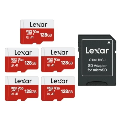Image de Lexar Carte Micro SD 128 Go Lot de 5 Cartes, Mémoire SD+ Adaptateur, Microsdxc TF jusqu&#039;à 100 Mo/s, A1, U3, C10, V30, Full HD et 4K UHD pour Caméra, Telephone, Switch