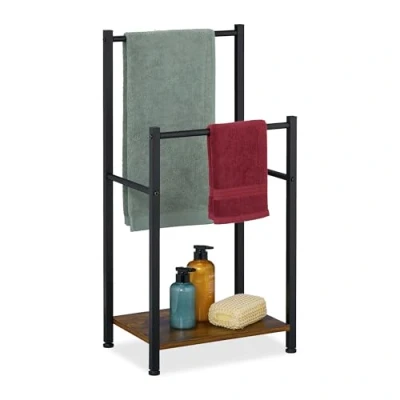 Image de Relaxdays Porte Serviettes, 2 Barres, Non Fixe, H x L P : 80 40 28 cm, pour la Salle de Bain, Marron et Noir