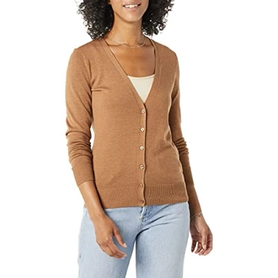 Image de Amazon Essentials Cardigan léger à col en V (Grande Taille Disponible) Femme, Fauve Chiné, XS