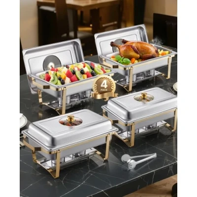 Image de VEVOR Chauffe Plat Rectangulaire 4PCs 7,5 L, Buffet Chauffant avec 4 Bacs Pleine Taille, Réchaud en Acier Inoxydable, Couvercle Verre, pour Libre Service Hôtel Traiteur Restauration, Doré