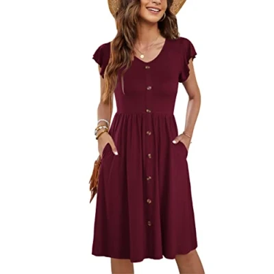 Image de MOLERANI Femmes Robe D&#039;été sans Manches V Cou Décontracté Swing Taille élastique avec Poche Botton Down De Midi pour Les Vin Rouge M