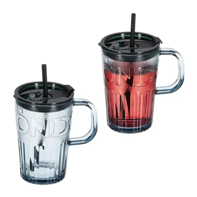 Image de Relaxdays Jarre avec Paille, Couvercle et Anse, lot Pratique de 2, Volume : 450 ML, pour Votre Smoothie, Grise
