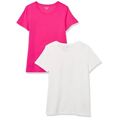 Image de Amazon Essentials T Shirt Col Rond à Manches Courtes Coupe Classique Femme, Lot de 2, Blanc/Rose Vif, L