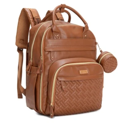 Image de BabbleRoo Sac à dos langer en cuir de voyage pour bébé Multifonction Imperméable Avec matelas langer, sangles poussette et étui tétine Unisexe Marron naturel