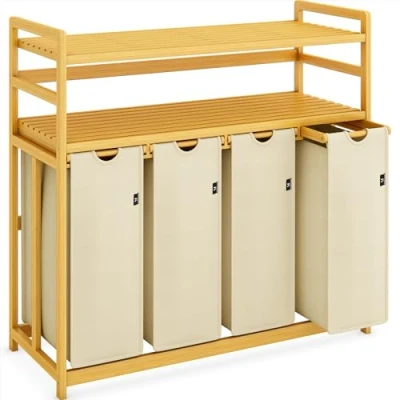 Image de AdelDream Panier à Linge avec étagères 4 Compartiments 2 en Bambou Extensible et Amovible 200L Beige