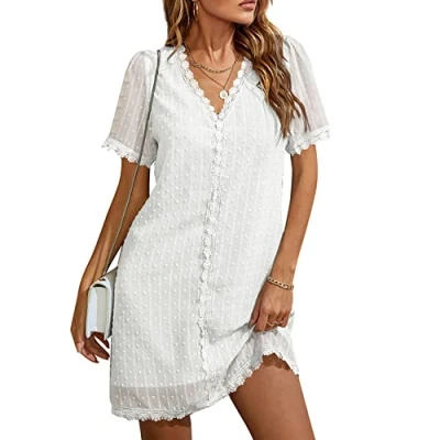 Image de LAZIRO Robe D&#039;éTé DéContractéE à Manches Courtes Et Col en V pour Femmes, Droite Mousseline De Couleur Unie avec Dentelle Pois