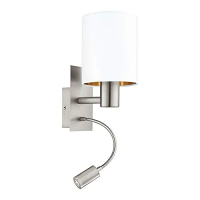 Image de Eglo Applique murale à LED Pasteri, 2 ampoules textiles, matériau : acier, tissu, couleur nickel mat, blanc, cuivre, culot E27, avec interrupteur et lampe de lecture flexible