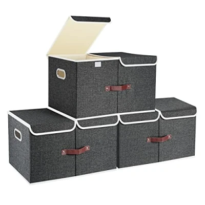 Image de TYEERS Extra Grande Boîte de rangement avec Couvercles à Compartiments, Pliable, Lavable, Bac Tissu, 55x33x30 cm, Lot 3, Noir