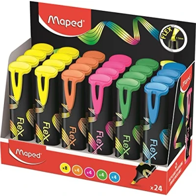 Image de Maped 24 surligneurs Fluo&#039;Peps Flex Pointe Souple et Flexible Display x24 Coloris : jaune, bleu, vert, rose orange