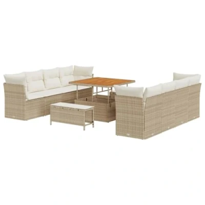 Image de Ensemble de canapé jardin vidaXL 11 pièces avec coussins Beige Poly Rotin Acacia, dîner 3361466