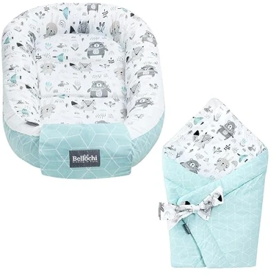 Image de Bellochi Ensemble 2 en 1 Cocon Bebe et Nid d&#039;ange Bébé Réversible Couverture Enveloppante Reducteur de Lit 100% Coton (Animaland)