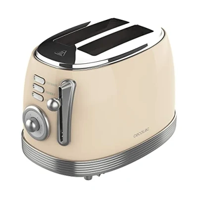 Image de Cecotec Toast &amp; Taste 800 Vintage Light Beige. 850 W, double fente courte extra large de 3,8 cm, 2 toasts, finitions en acier inoxydable, style vintage, 3 fonctions, beige