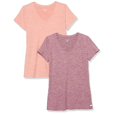 Image de Amazon Essentials T shirt Tech à manches courtes et col en V, extensible (disponible grande taille) Femme, Lot de 2, Prune Teinture Spatiale/Rose Saumon Spatiale, XL