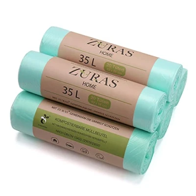 Image de Zuras Lot de 100 sacs poubelle biodégradables à base plantes 35 l Certifiés et testés DIN EN 13432 Indéchirables étanches