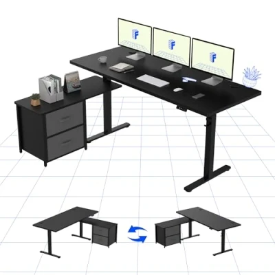 Image de FLEXISPOT Bureau Assis Debout en L, Informatique avec 2 Tiroirs Tissu, Réglable Hauteur à Fonctions Mémoires, Gaming Noir
