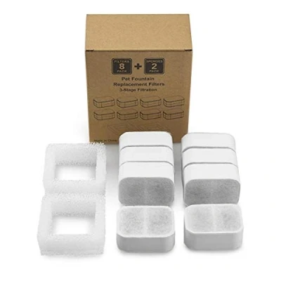 Image de basisago Lot de 10 Filtres fontaine à eau pour animal domestique Ipettie rechange avec résine et charbon actif distributeur d&#039;eau automatique chat, 8+2