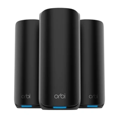 Image de NETGEAR Système WiFi 7 Mesh Orbi 870 tribande (RBE873B) Routeur + 2 satellites Couverture jusqu&#039;à 830 m², 150 appareils Port 10 Gigabit, BE21000 802.11be (jusqu&#039;à 21 Gbit/s), idéal murs épais