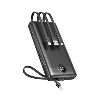 Image de Batterie Externe avec Câbles intégré, VEEKTOMX Chargeur Power Bank, 4 Sorties et LED Display pour iPhone/iPad/Samsung Autres appareils intelligents (20000mAh Noir)