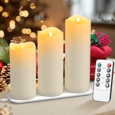 Image de EXTSUD Ensemble de 3 Bougies LED en Vraie Cire Rechargeables avec Effet Scintillant, Station Charge et Télécommande, Décorations Sans Flamme pour Noël, Mariages, Fêtes Plus