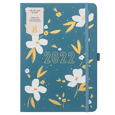 Image de Busy B To Do Agenda semainier de janvier à décembre 2022 A5 motif floral bleu avec notes, listes détachables et poches 3172