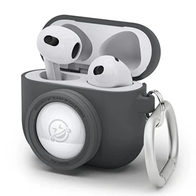 Image de elago Coque Instantané Compatible avec AirPods 3, AirTag, Étui au Design Classique pour Appareil Photo, Porte clés Inclus [Dispositif de Suivi Non Inclus] (Gris Foncé)
