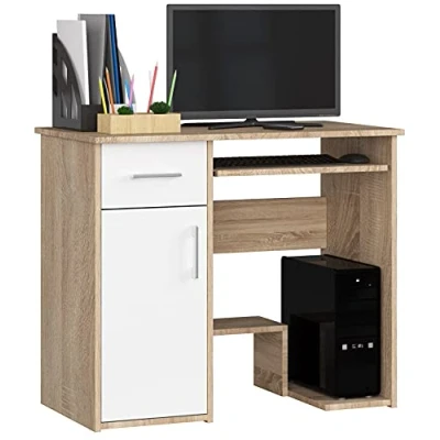 Image de AKORD Bureau PC Jay avec Clavier et étagère Meuble Ordinateur 1 Tiroir, Porte, Repose Pieds L90 x H74 P50 cm Simple Informatique Desk Chêne Sonoma/Blanc