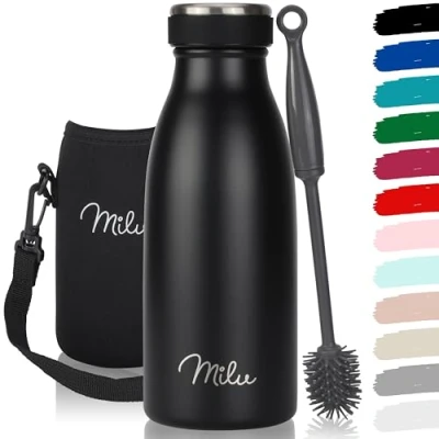 Image de Milu Gourde en acier inoxydable 350 ml 500 ml, 750 1000 1,5 l bouteille isotherme, d&#039;eau isolée, double paroi anti fuite, convient aux acides carboniques (Noir, 350ml)