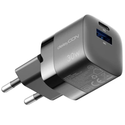 Image de deleyCON Chargeur USB A et C (2 Ports Rapide Compact 30W) Alimentation GaN pour iPhone 16/15/14/13/12/11 iPad Galaxy S24/S23 Pixel Téléphone Portable PD 3.0 Noir