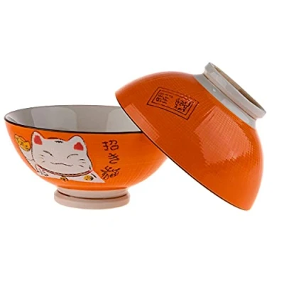 Image de lachineuse 2 Bols à Soupe ou Ramen Design Maneki Neko Colori Orange Multi Usage Porcelaine Décoration Japonaise Idée Cadeau Japon Asie