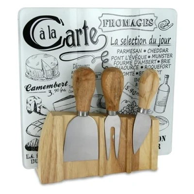 Image de Totally Addict KA1732 Plateau à fromage et ses 3 ustensiles couteau fourchette hachette Avec support aimanté Bois inox verre Beige gris noir H22 x 4 21 cm