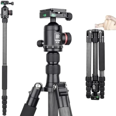 Image de Trepied Appareil Photo, INNOREL RT55C, Trépied de Voyage Portable en Fibre Carbone Léger et Compact avec Rotule à 360 Plaque Rapide Arca Swiss pour Smartphone DSLR Caméra Caméscopes