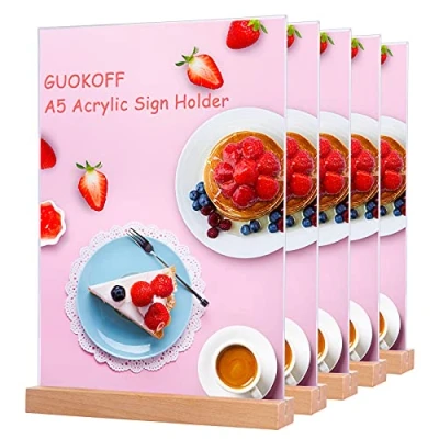 Image de GUOKOFF Présentoirs de Table A5, 5 Pièces pour Menu, Support Base en Bois, A5 Porte Affiche Double Face