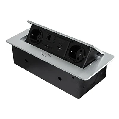 Image de Emuca Bloc multiprise escamotable pour encastrer au Bureau, Plan de Travail (Prise EU Type F, USB A+C, RJ45 et HDMI), 265x120mm, Peint en Aluminium