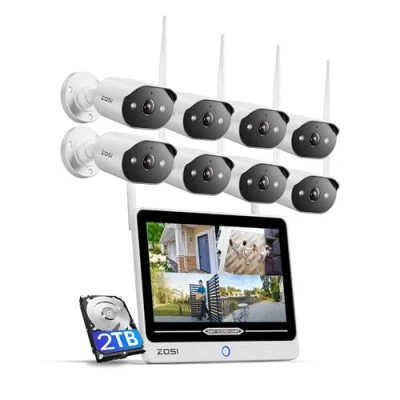 Image de ZOSI 2K Kit Caméra de Surveillance Extérieure WiFi6 avec Moniteur 12, 8MP 8CH NVR 2TB HDD, Plug in IP 3MP Audio Bidirectionnel, Reconnaissance Personne AI, Vision Nocturne en Couleur