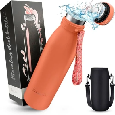 Image de Vezato Gourde en acier inoxydable Bouteille d&#039;eau étanche avec double isolation thermos lavable au lave vaisselle (Coral, 1 L)