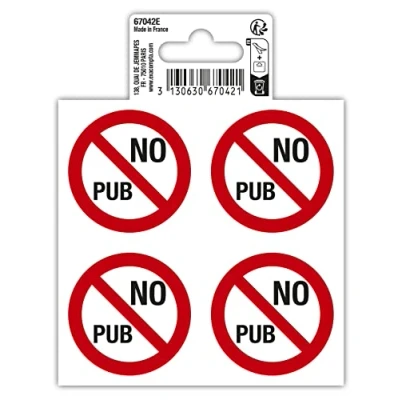 Image de Exacompta Réf. 67042E 1 pictogramme adhésif No pub (x4 sur une planche) pour boîte aux lettres Pas de Stop En vinyle PVC traité Dimensions : 10 x cm